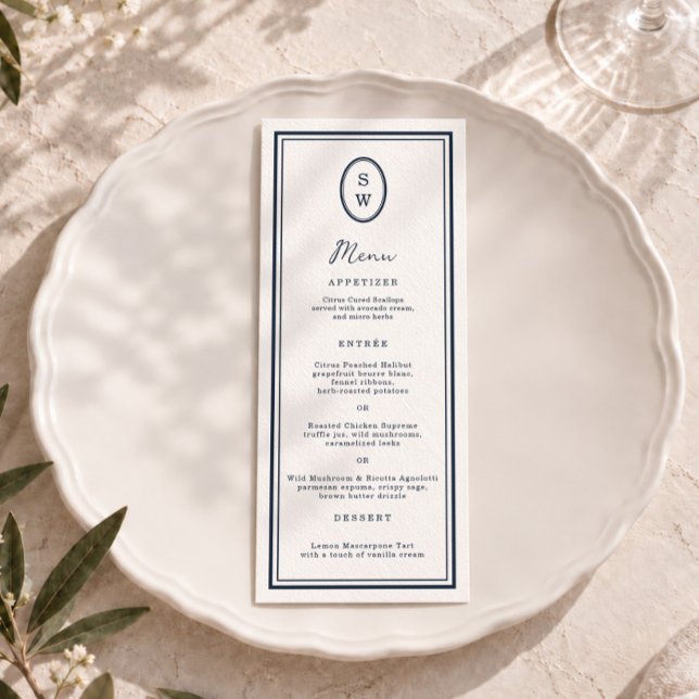 Nautical Navy Monogram Long Wedding Menu Card (Creator Uploaded)