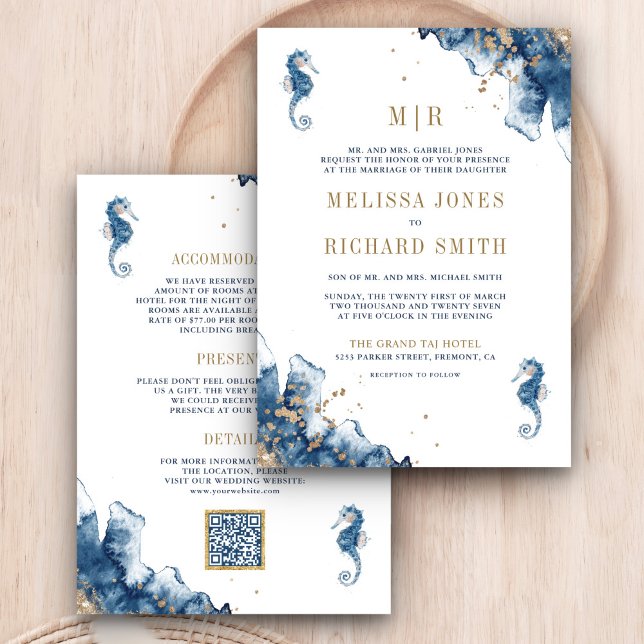 Nautical Navy Monogram Seahorse QR Code Wedding Invitation (Creator Uploaded)