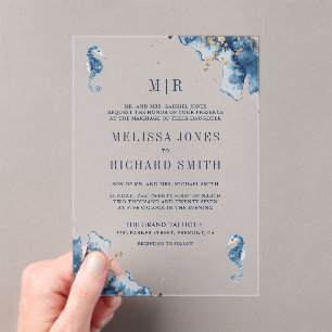 Nautical Navy Monogram Seahorse Wedding Acrylic Invitations