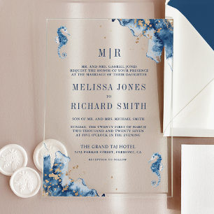 Nautical Navy Monogram Seahorse Wedding Acrylic Invitations