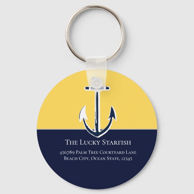 Nautical Navy Mustard Yellow Anchor beach house Key Ring (Front)