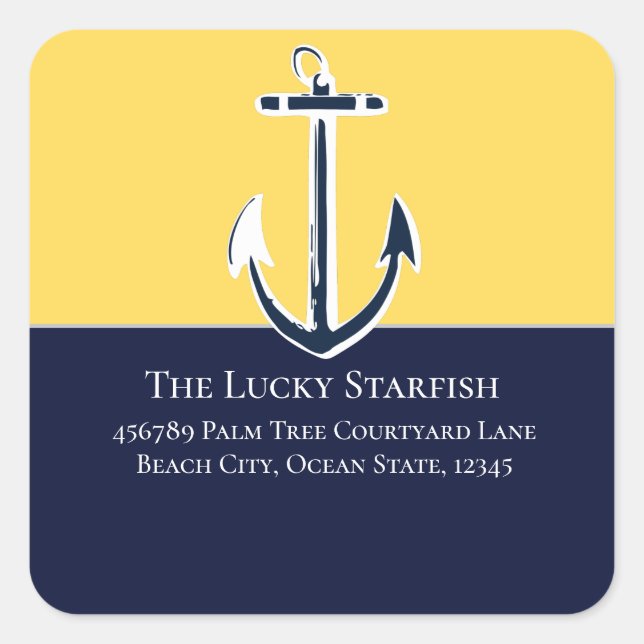 Nautical Navy Mustard Yellow Anchor beach house Square Sticker (Front)