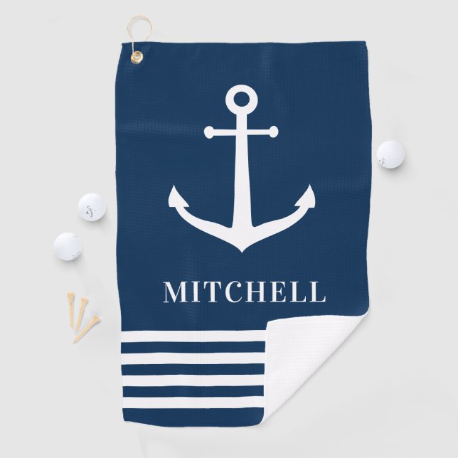 Nautical Navy Personalised Name Boat Anchor Golf Towel (InSitu)