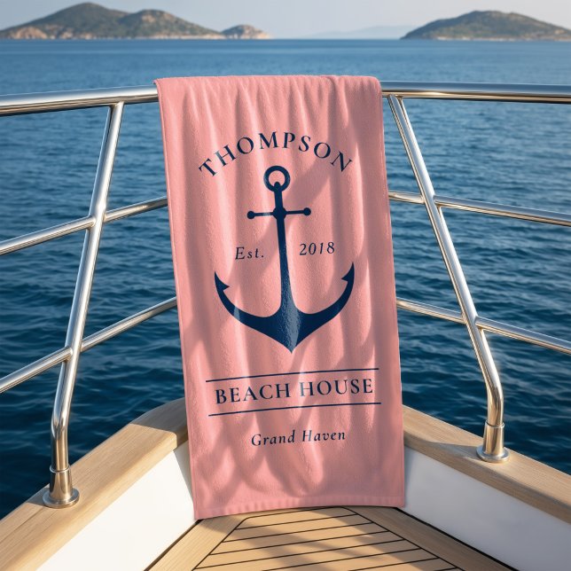 Nautical Navy Pink Anchor Custom Vacation Home Beach Towel (Creator Uploaded)