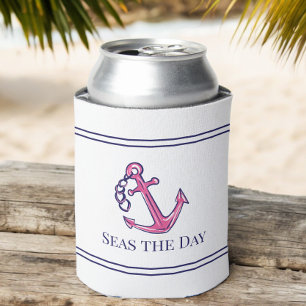 Nautical Navy Pink Anchor Preppy Boat Name  Can Cooler