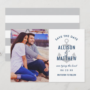 Nautical Navy Platinum Grey Anchor Wedding Photo Save The Date