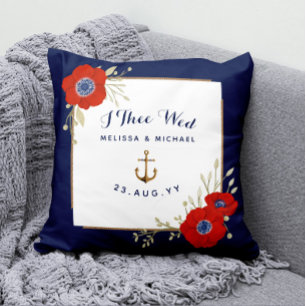 Nautical Navy & Red Anemones Ring Bearer Cushion