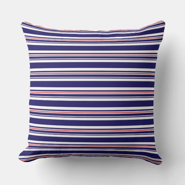 Nautical, Navy, Red, Blue Stripes Pattern Cushion (Front)