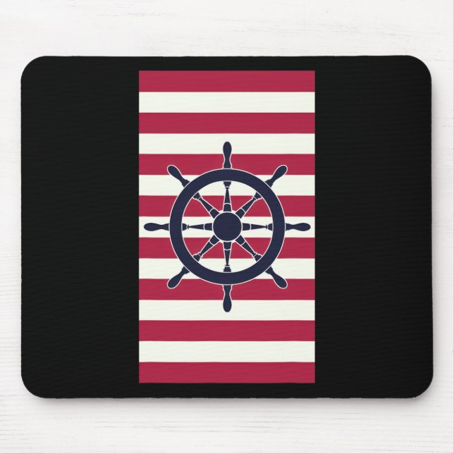 Nautical Navy Red Stripes Striped Wheel  Mouse Pad (Front)