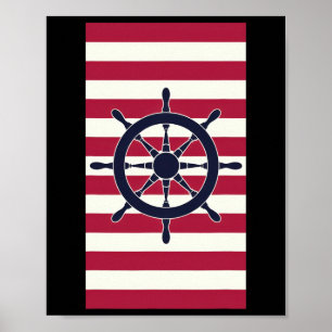 Nautical Navy Red Stripes Striped Wheel Poster