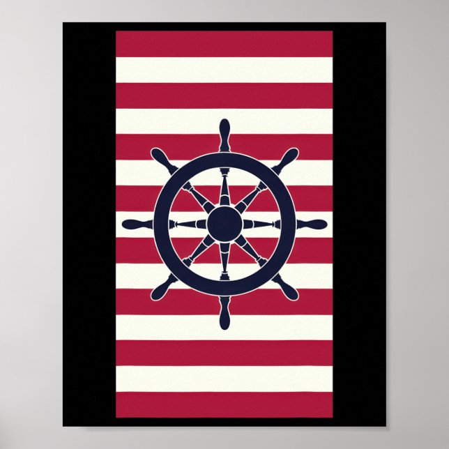Nautical Navy Red Stripes Striped Wheel  Poster (Front)