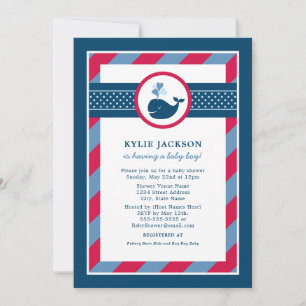 Nautical Navy Red Whale Baby Boy Shower Invitation