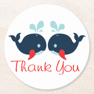 Nautical Navy Red Whales Thank You Wedding Party Round Paper Coaster