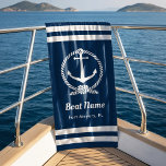 Nautical Navy Rope Anchor Boat Name Beach Towel<br><div class="desc">A bold navy blue nautical beach towel featuring an elegant anchor encircled by a rope wreath with a personalised script boat name and customisable location below. Crisp white stripe accents at the top and bottom complete the classic coastal look. All text is fully editable to feature your boat name and...</div>
