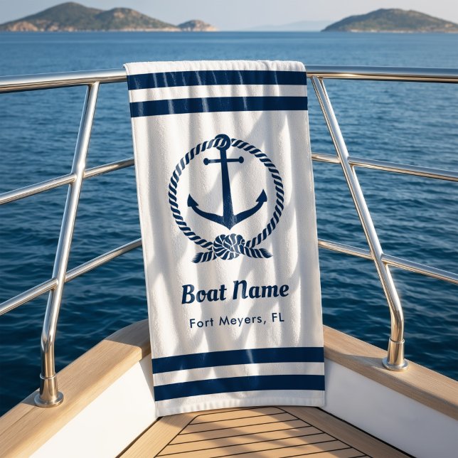 Nautical Navy Rope Anchor Boat Name Beach Towel (Creator Uploaded)