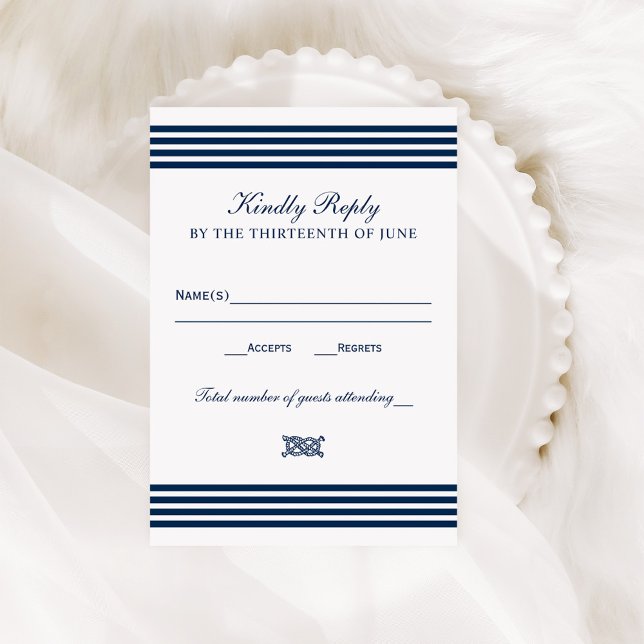 Nautical Navy Rope Knot Stripes Wedding RSVP Card (Creator Uploaded)