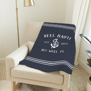 Nautical Navy Rustic Anchor Your Boat Name Fleece Blanket