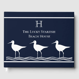 Nautical navy Sand Pipers Coastal Monogrammed Guest Book