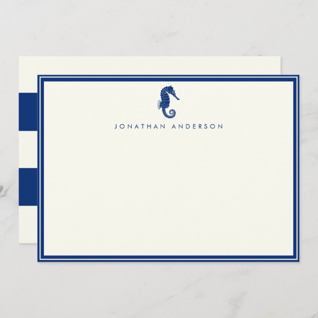 Nautical Navy Seahorse Custom Note Card (Front/Back)