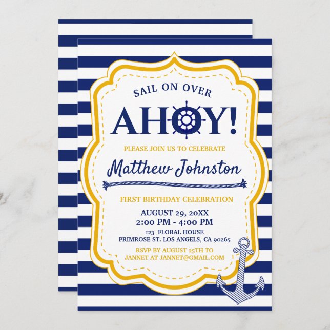 Nautical Navy Ship Baby Boy Stripe Anchor Birthday Invitation (Front/Back)