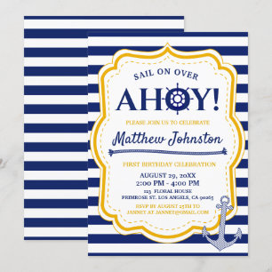 Nautical Navy Ship Baby Boy Stripe Anchor Birthday Invitation
