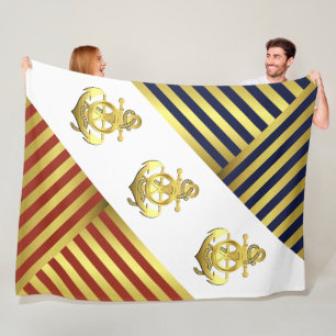 Nautical Navy Ship/Boat Anchor/gold/red stripes Fl Fleece Blanket