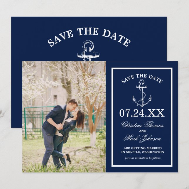 Nautical Navy Sketch Anchor Photo | Save the Date Invitation (Front/Back)