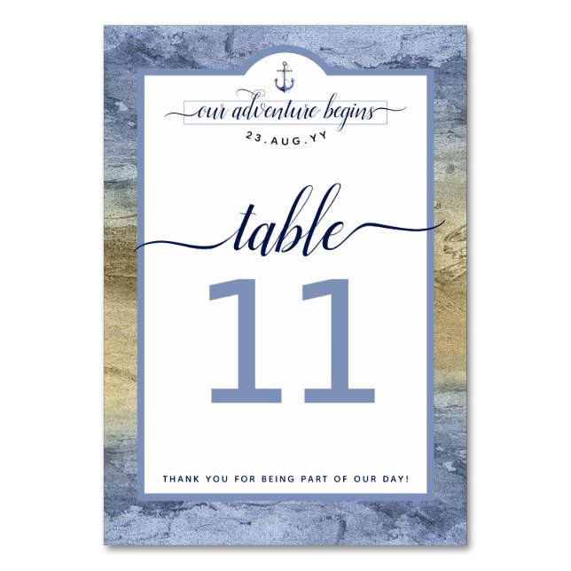 #Nautical Navy Steel Blue & Gold Event #Wedding Table Number (Front)