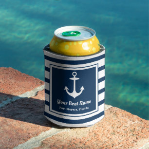 Nautical Navy Stripe Anchor Boat Name Can Cooler