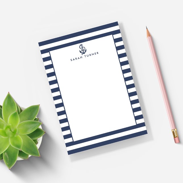 Nautical Navy Stripe & Anchor Personalised Post-it Notes (Creator Uploaded)