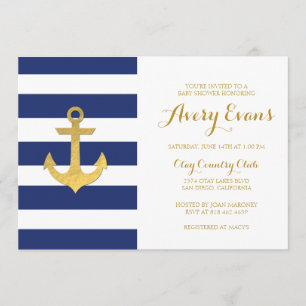 Nautical Navy Stripe Baby Shower with Gold Anchor Invitation