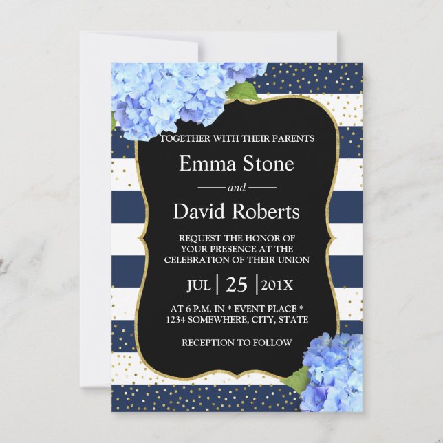 Nautical Navy Stripe Blue Hydrangea Floral Wedding Invitation (Front)