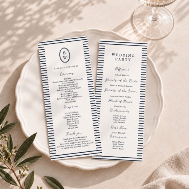 Nautical Navy Stripe Classic Wedding Program Card (Creator Uploaded)