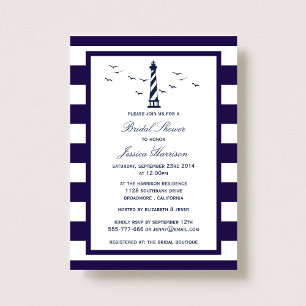 Nautical Navy Stripe Lighthouse Bridal Shower Invitation