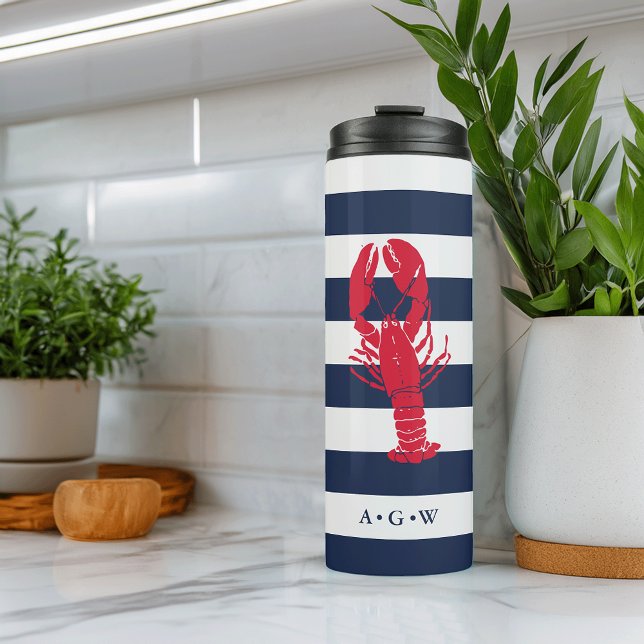 Nautical Navy Stripe & Lobster | Monogram Thermal Tumbler (Creator Uploaded)