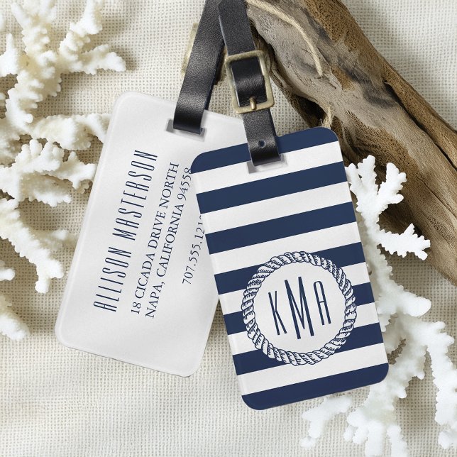 Nautical Navy Stripe Monogram Luggage Tag (Creator Uploaded)