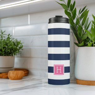 Nautical Navy Stripe & Pink Monogram Thermal Tumbler