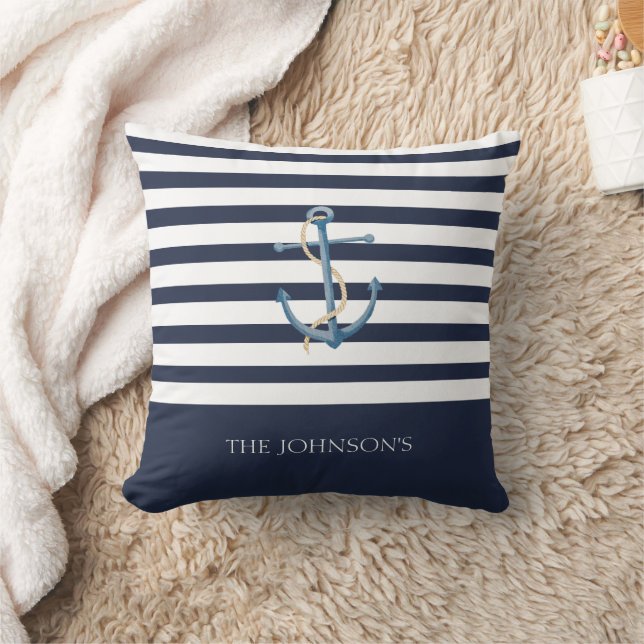 Nautical Navy Striped Anchor Coastal Cushion (Blanket)