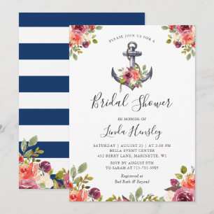 Nautical Navy Stripes Anchor Floral Bridal Shower Invitation