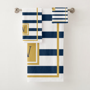 Nautical Navy Stripes Custom Monogram Bath Towel Set