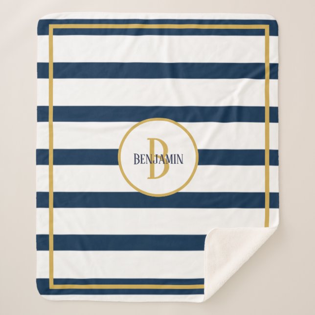 Nautical Navy Stripes Custom Monogram Name Sherpa Blanket (Front)