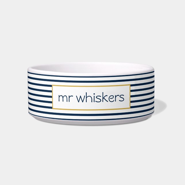 Nautical Navy Stripes Custom Name Dog Bowl (Front)
