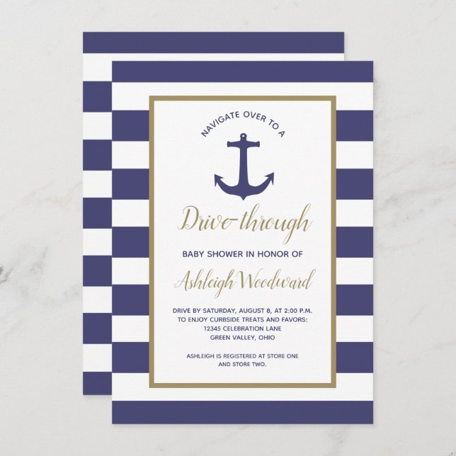 Nautical Navy Stripes Drive-Through Baby Shower Invitation (Front/Back)