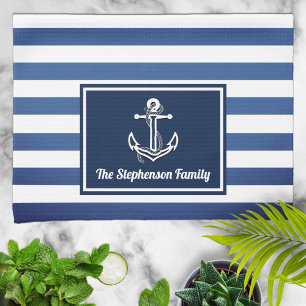 Nautical Navy Stripes Family Name Personalised Tea Towel