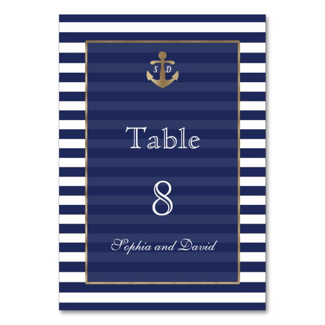 Nautical Navy Stripes Gold WeddingTable Number Table Number (Front)