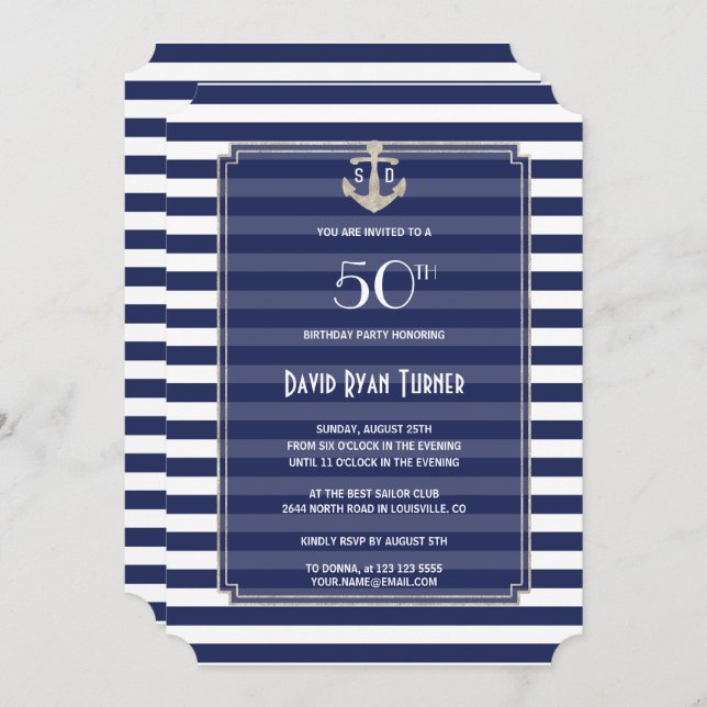 Nautical Navy Stripes Silver 50th Birthday Party Invitation (Front/Back)