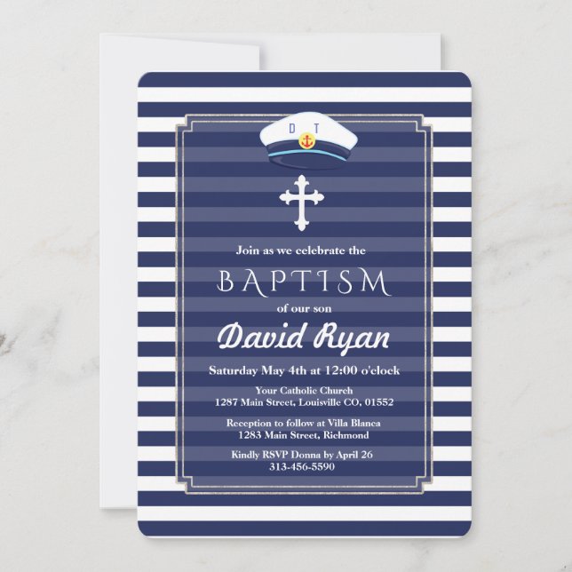 Nautical Navy Stripes Silver Boy Baptism Invite (Front)