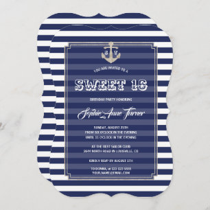 Nautical Navy Stripes Silver Sweet 16 Party Invitation