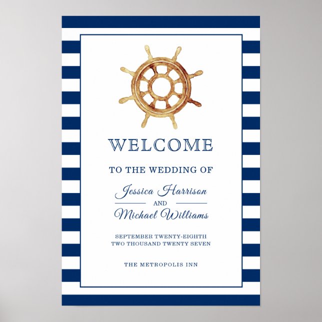 Nautical Navy Stripes Steering Wheel Welcome Poster (Front)