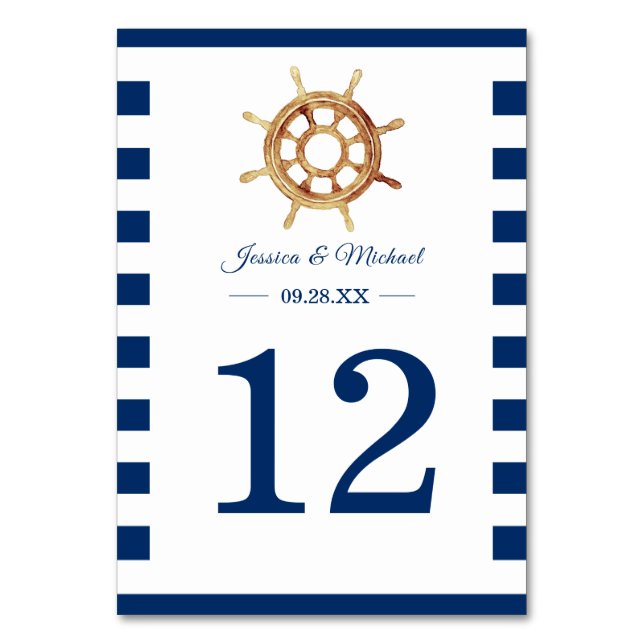 Nautical Navy Stripes Watercolor Steering Wheel Table Number (Front)